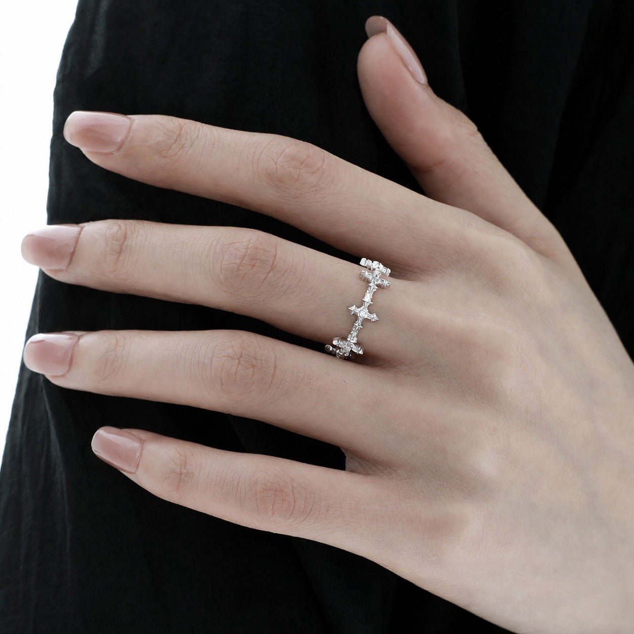 Cubic Zirconia Four-Pointed Star Cross Openwork Minimalist Cool Style S925 Sterling Silver Adjustable Ring - KIAHMILLA