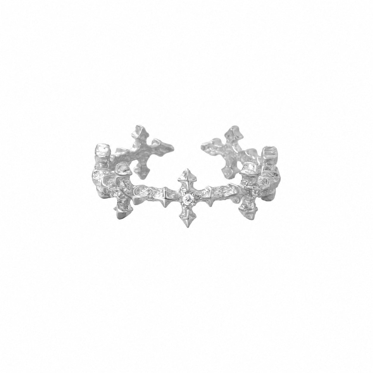 Cubic Zirconia Four-Pointed Star Cross Openwork Minimalist Cool Style S925 Sterling Silver Adjustable Ring - KIAHMILLA