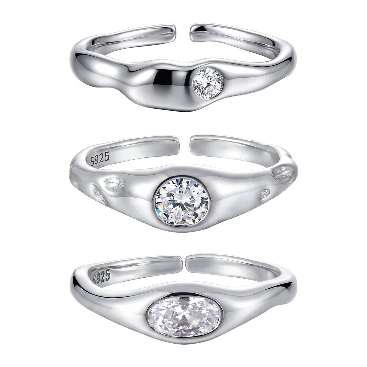 Cubic Zirconia Geometric Oval and Round Setting 925 Sterling Silver Adjustable Open Band Minimalist Wavy Ring - KIAHMILLA