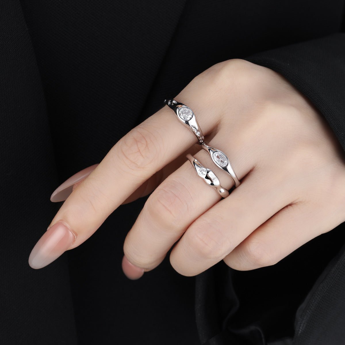 Cubic Zirconia Geometric Oval and Round Setting 925 Sterling Silver Adjustable Open Band Minimalist Wavy Ring - KIAHMILLA