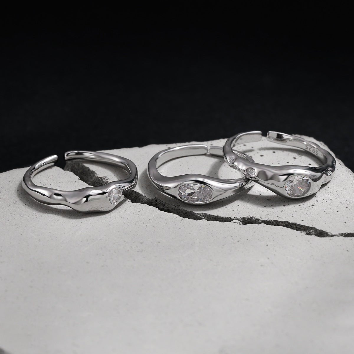 Cubic Zirconia Geometric Oval and Round Setting 925 Sterling Silver Adjustable Open Band Minimalist Wavy Ring - KIAHMILLA