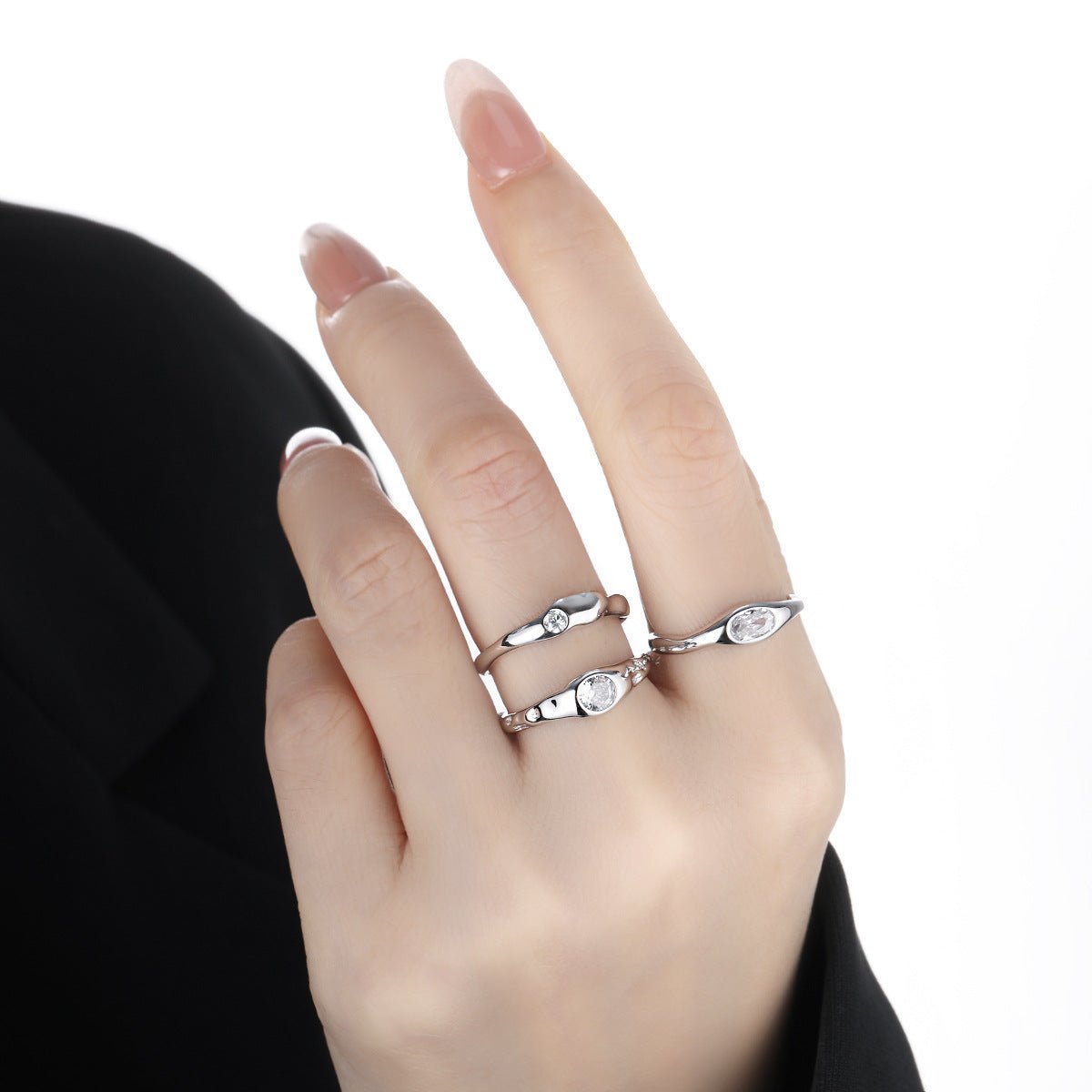 Cubic Zirconia Geometric Oval and Round Setting 925 Sterling Silver Adjustable Open Band Minimalist Wavy Ring - KIAHMILLA