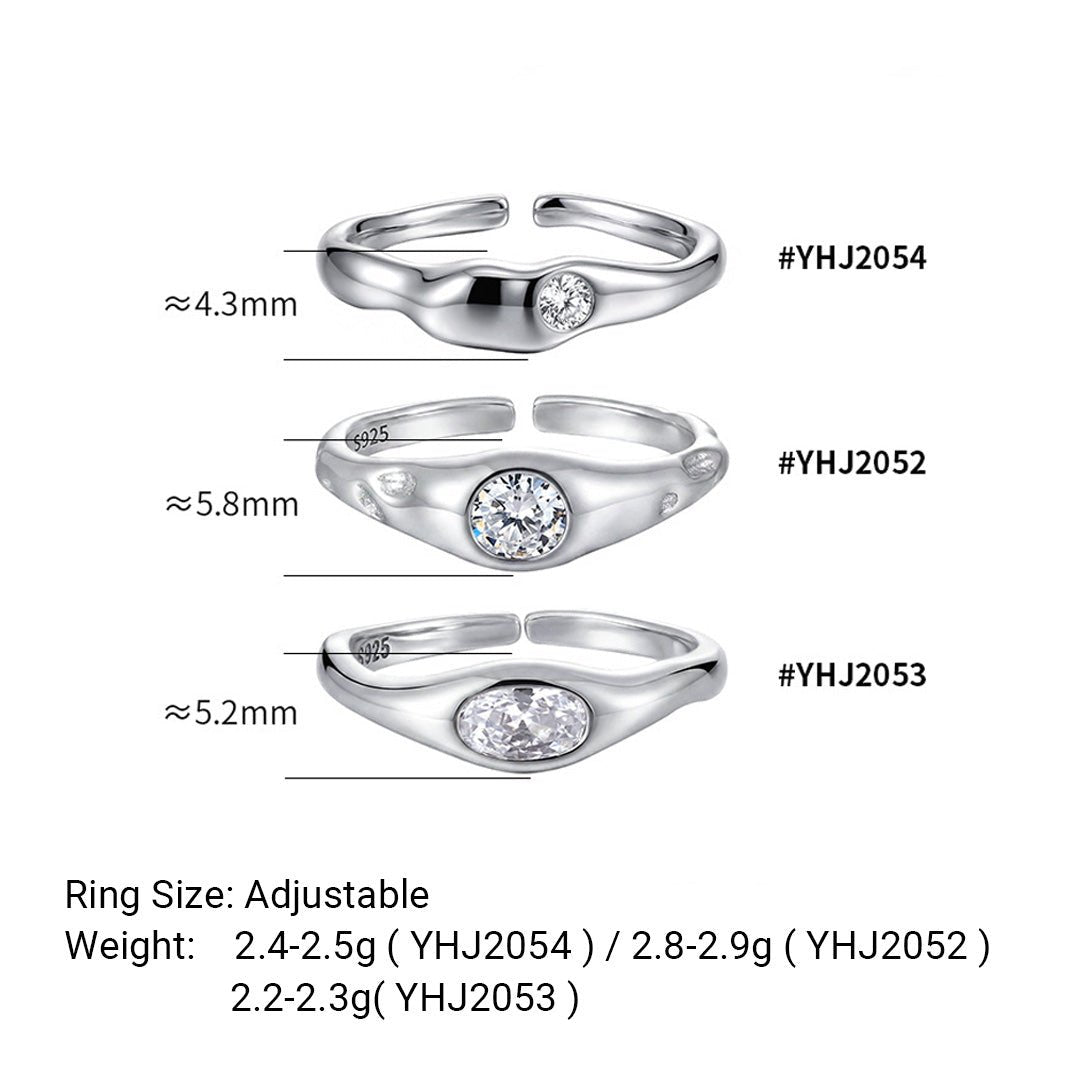 Cubic Zirconia Geometric Oval and Round Setting 925 Sterling Silver Adjustable Open Band Minimalist Wavy Ring - KIAHMILLA