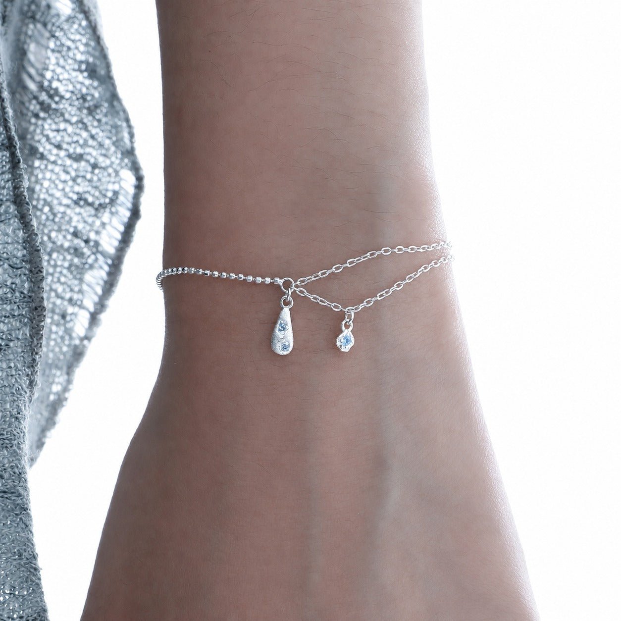 Cubic Zirconia Teardrop Pendant: 925 Sterling Silver Minimalist Layered Teardrop Pendant with Double Chain Bracelet - KIAHMILLA