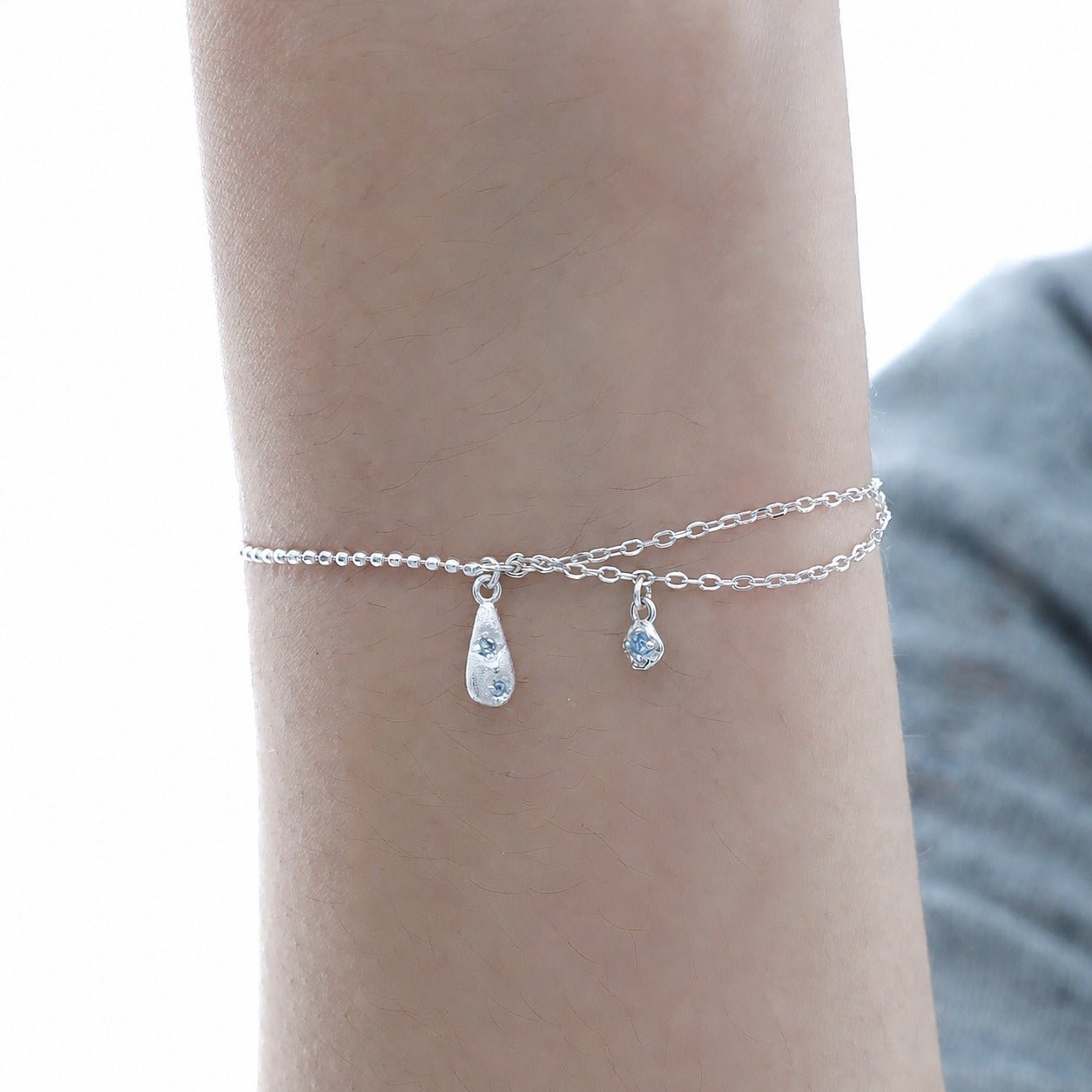 Cubic Zirconia Teardrop Pendant: 925 Sterling Silver Minimalist Layered Teardrop Pendant with Double Chain Bracelet - KIAHMILLA