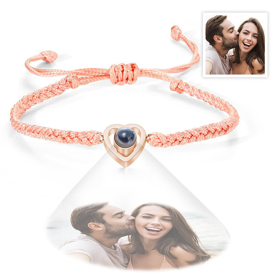 Custom Heart - shaped Photo Projection Bracelet Braided Rope Bracelet Anniversary Gift - Coolpeacock