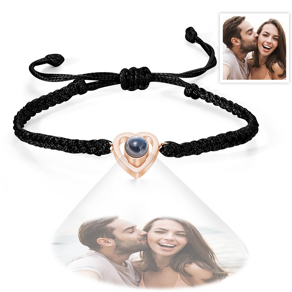 Custom Heart - shaped Photo Projection Bracelet Braided Rope Bracelet Anniversary Gift - Coolpeacock
