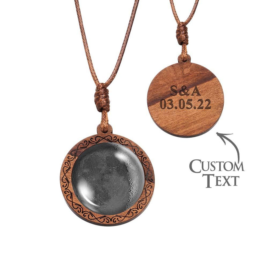Custom Moon Phase Wood Pendant Necklace Personalised Engraved Name Valentine's Gifts for Her - Coolpeacock