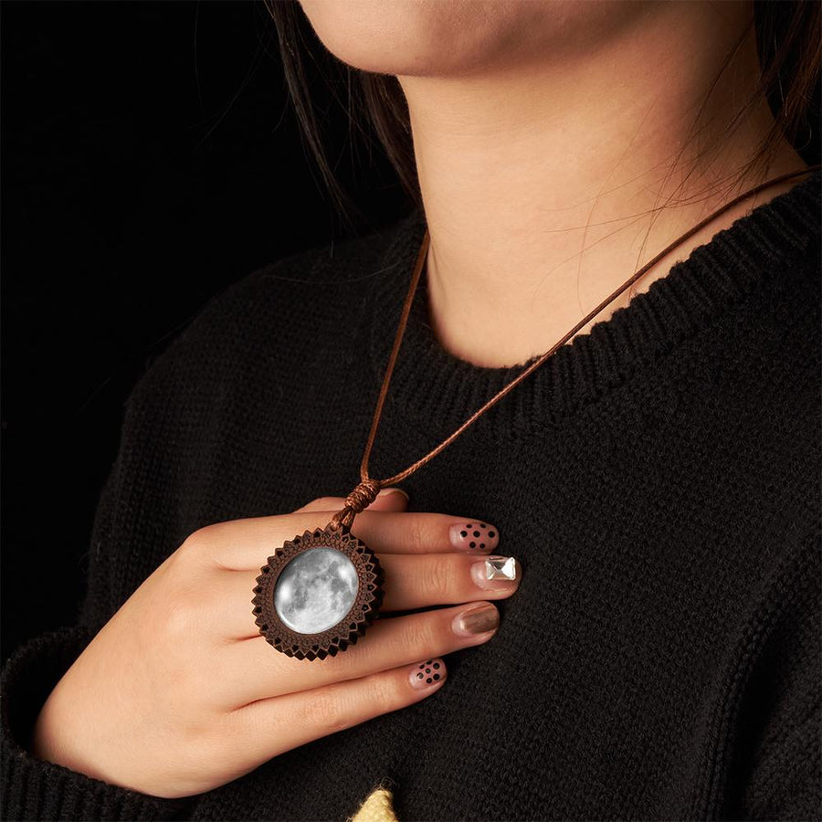 Custom Moon Phase Wood Pendant Necklace Personalised Engraved Name Valentine's Gifts for Her - Coolpeacock