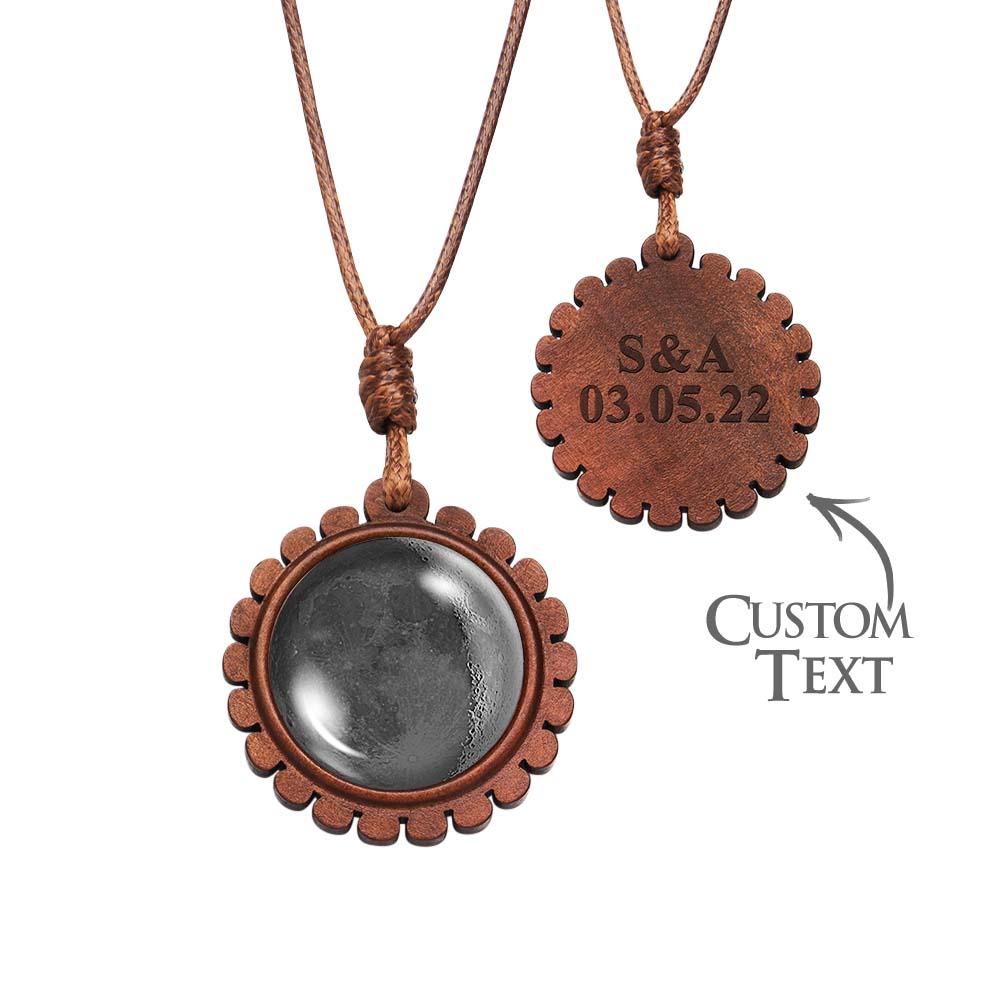 Custom Moon Phase Wood Pendant Necklace Personalised Engraved Name Valentine's Gifts for Her - Coolpeacock