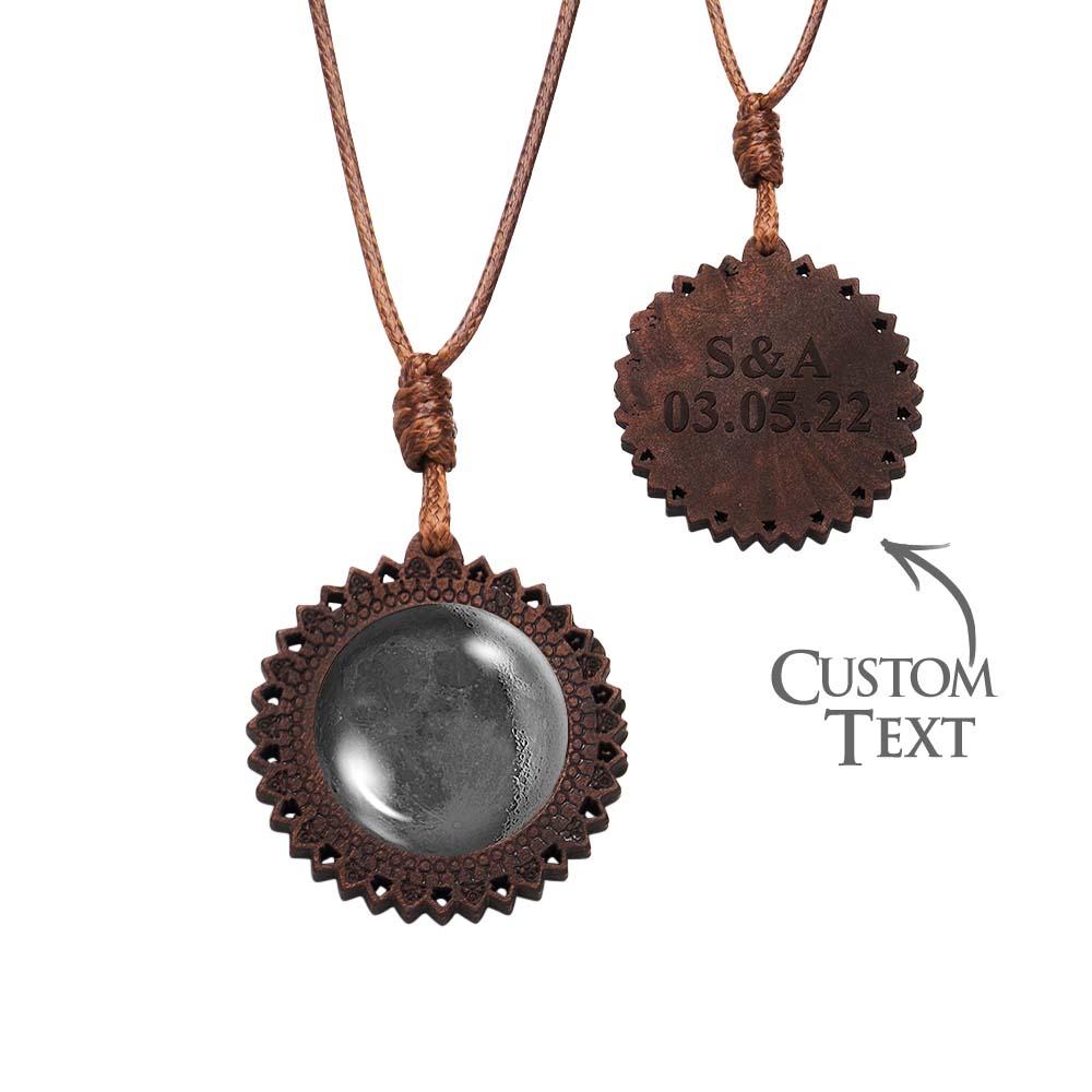 Custom Moon Phase Wood Pendant Necklace Personalised Engraved Name Valentine's Gifts for Her - Coolpeacock
