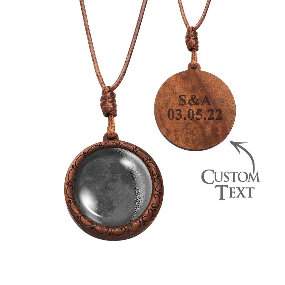 Custom Moon Phase Wood Pendant Necklace Personalised Engraved Name Valentine's Gifts for Her - Coolpeacock