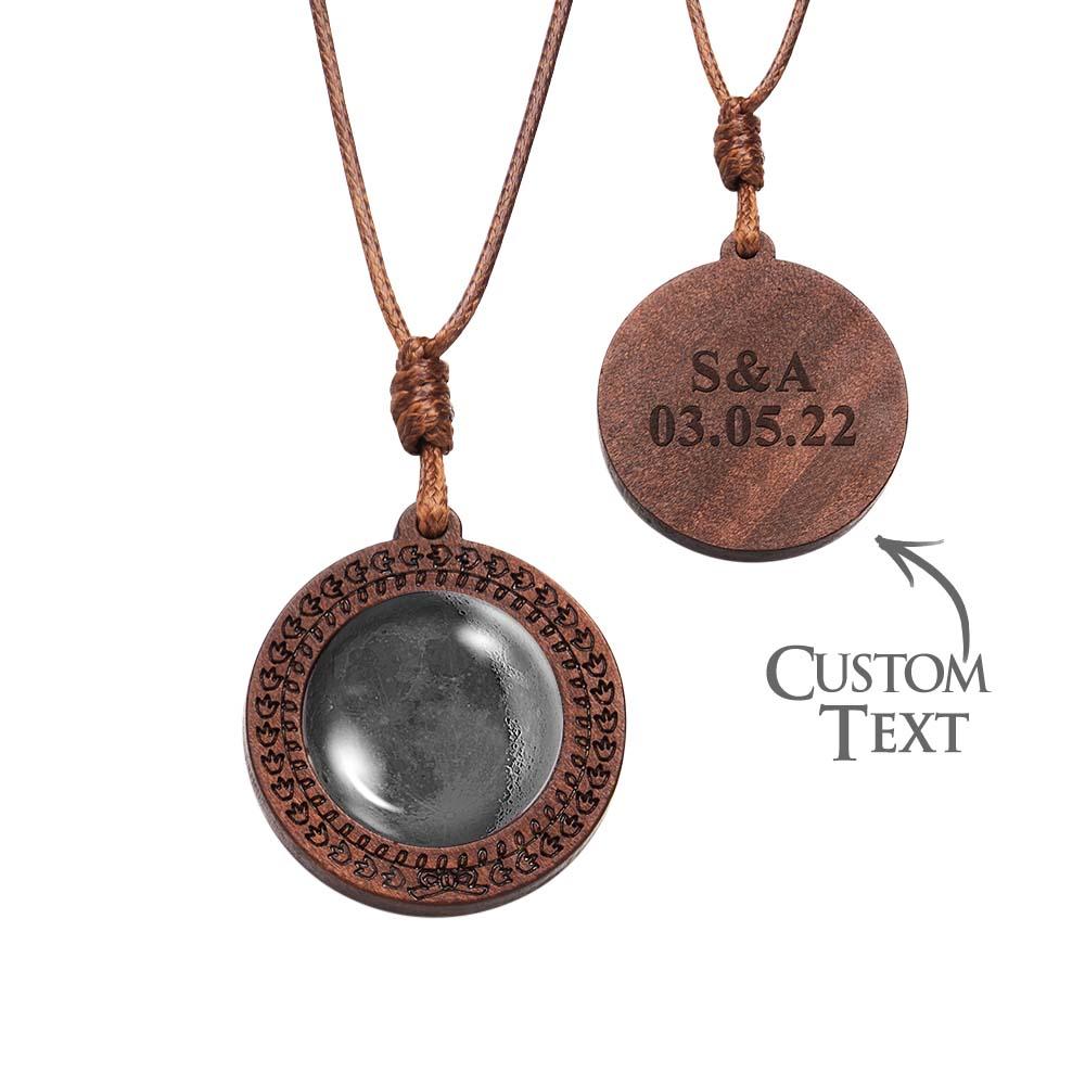 Custom Moon Phase Wood Pendant Necklace Personalised Engraved Name Valentine's Gifts for Her - Coolpeacock