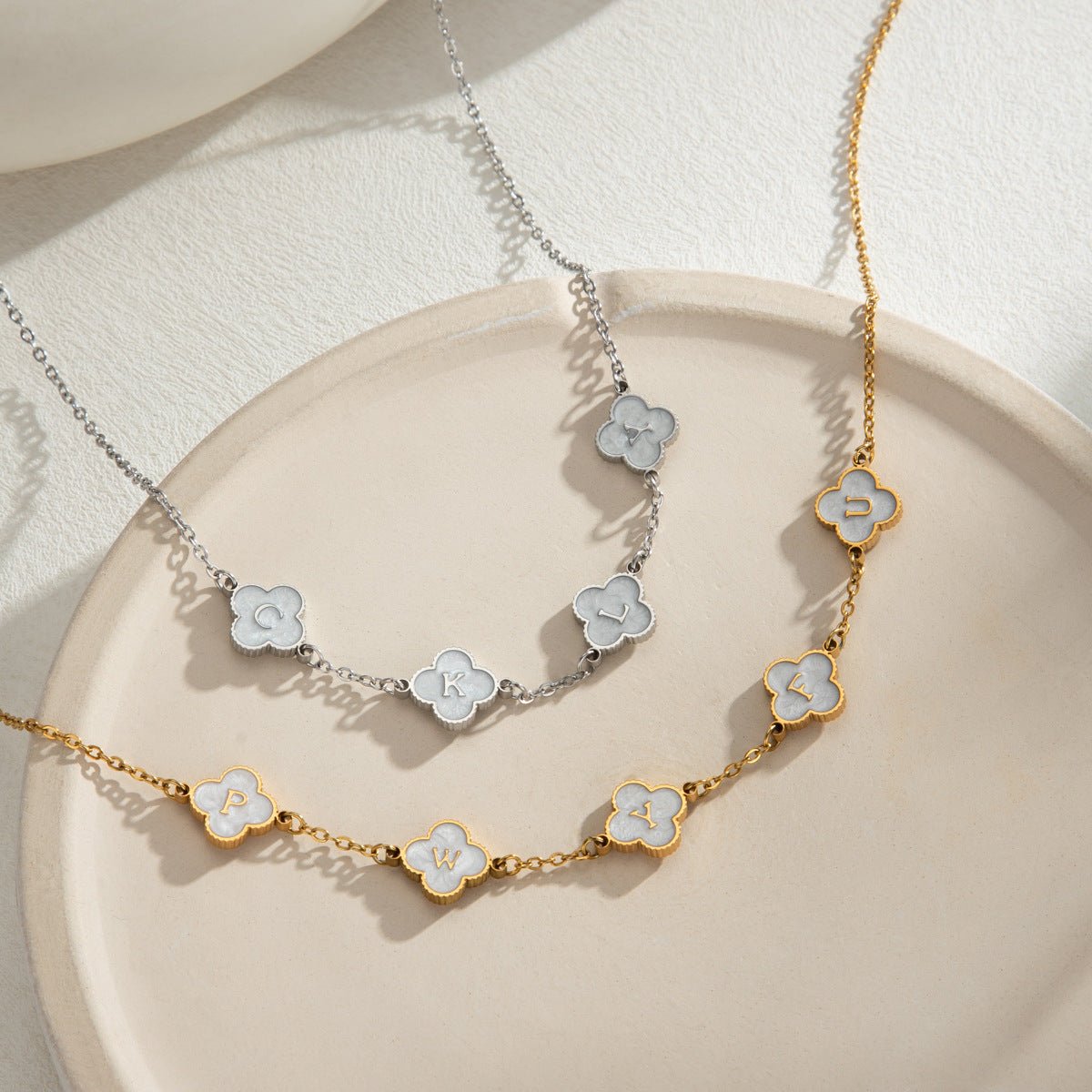 Custom Mother of Pearl Clover Letter Necklaces and necklace sets - KIAHMILLA