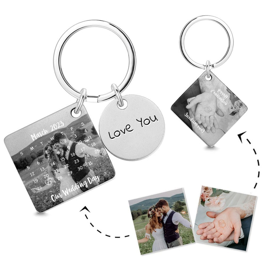 Custom Photo Engraved Calendar Silver Key Chain Best Anniversary Gift - Coolpeacock
