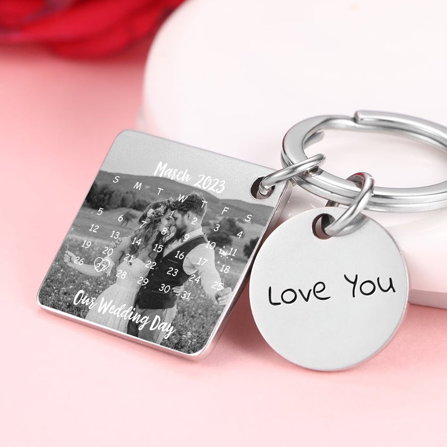 Custom Photo Engraved Calendar Silver Key Chain Best Anniversary Gift - Coolpeacock
