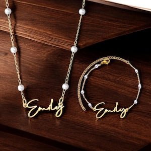 Customizable name with pearl design, exquisite light luxury necklace and bracelet set - KIAHMILLA