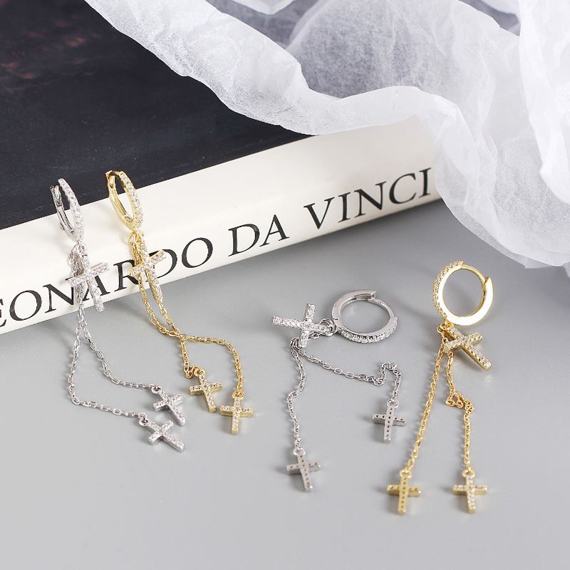 Elegant CZ Cross Tassels 925 Sterling Silver Hoop Earrings - KIAHMILLA