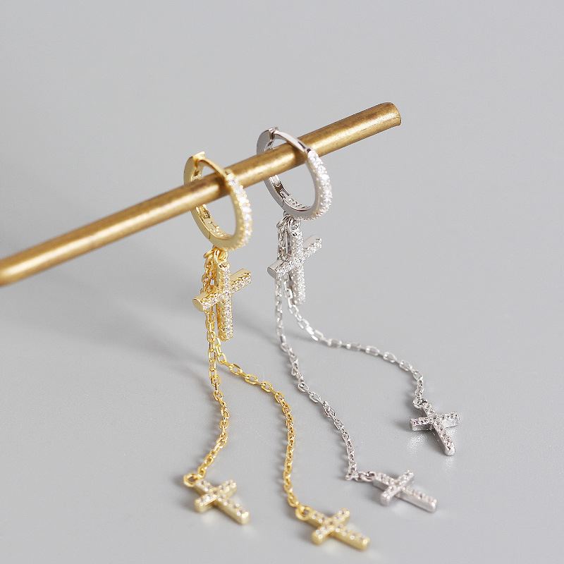 Elegant CZ Cross Tassels 925 Sterling Silver Hoop Earrings - KIAHMILLA