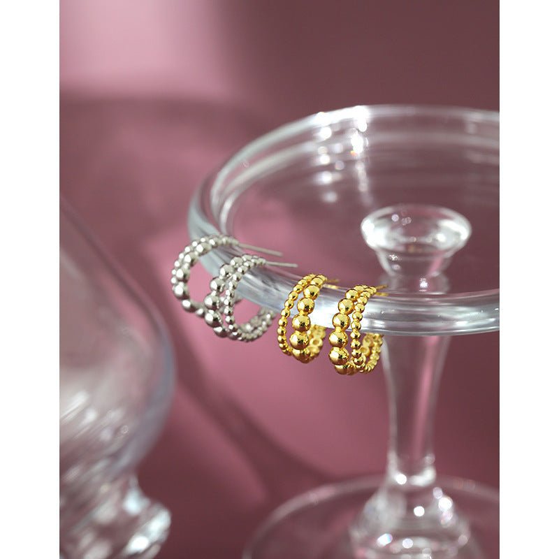 Elegant Double Row Beaded 18K Gold Plating 925 Sterling Silver Hoop Earrings - KIAHMILLA