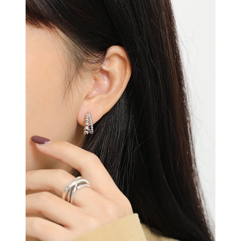 Elegant Double Row Beaded 18K Gold Plating 925 Sterling Silver Hoop Earrings - KIAHMILLA