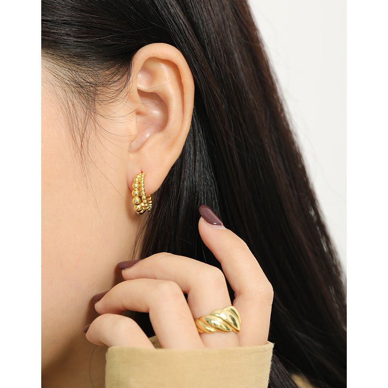 Elegant Double Row Beaded 18K Gold Plating 925 Sterling Silver Hoop Earrings - KIAHMILLA