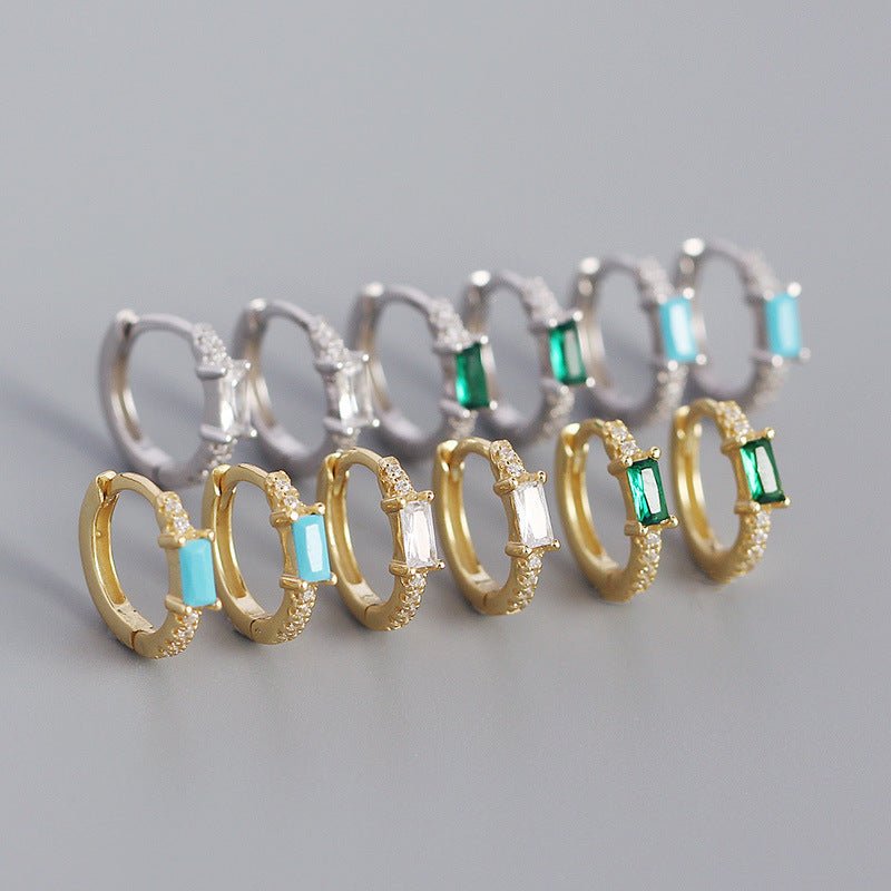 Elegant Geometric Design S925 Sterling Silver Hoop Earrings with Rectangular Cubic Zirconia for Women Fashion Jewelry in Multiple Colors - KIAHMILLA