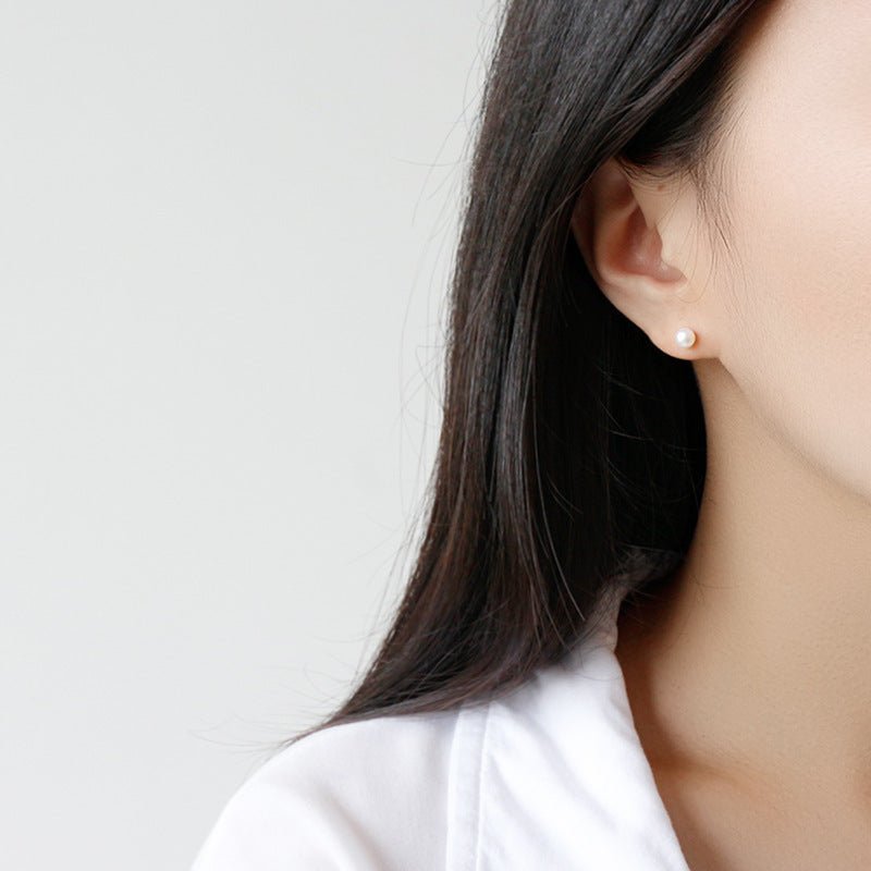 Elegant Minimalist Geometric Design Natural Freshwater Pearl 925 Sterling Silver Stud Earrings - KIAHMILLA