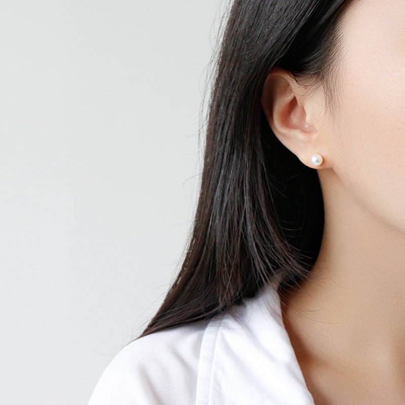 Elegant Minimalist Geometric Design Natural Freshwater Pearl 925 Sterling Silver Stud Earrings - KIAHMILLA