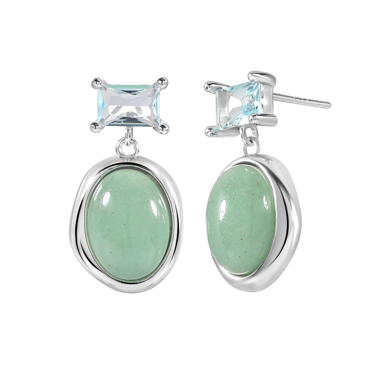 Elegant Natural Green Oval Aventurine CZ 925 Sterling Silver Dangling Earrings - KIAHMILLA