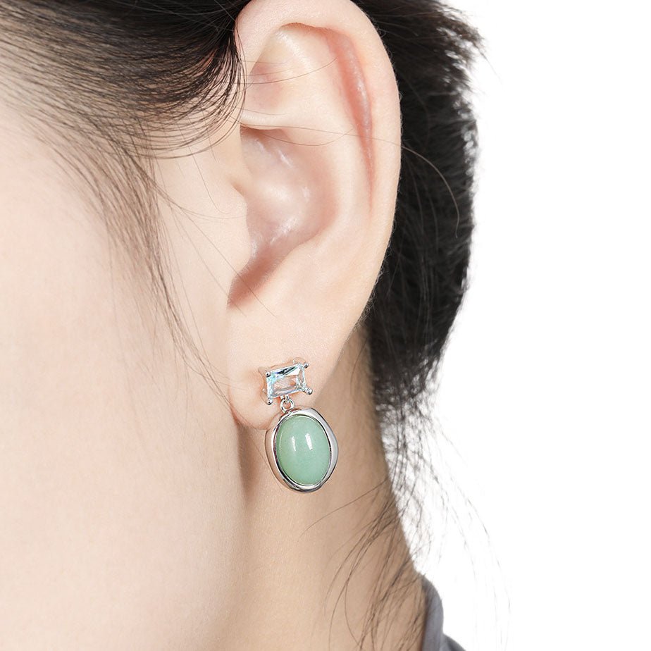 Elegant Natural Green Oval Aventurine CZ 925 Sterling Silver Dangling Earrings - KIAHMILLA