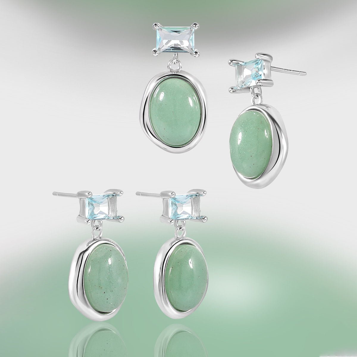 Elegant Natural Green Oval Aventurine CZ 925 Sterling Silver Dangling Earrings - KIAHMILLA