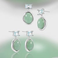 Elegant Natural Green Oval Aventurine CZ 925 Sterling Silver Dangling Earrings - KIAHMILLA