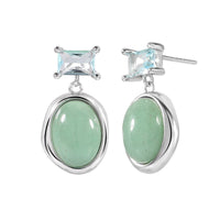 Elegant Natural Green Oval Aventurine CZ 925 Sterling Silver Dangling Earrings - KIAHMILLA