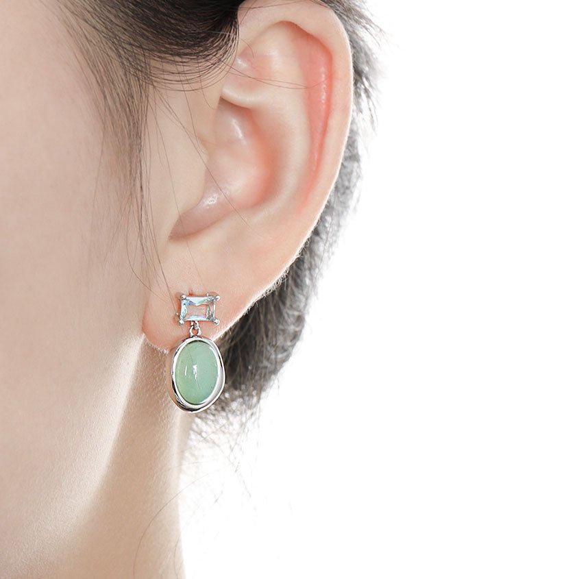 Elegant Natural Green Oval Aventurine CZ 925 Sterling Silver Dangling Earrings - KIAHMILLA