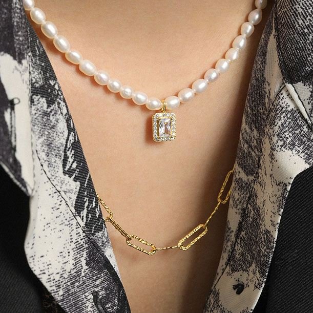 Elegant Natural Pearl Rectangle CZ 925 Sterling Silver Necklace - KIAHMILLA