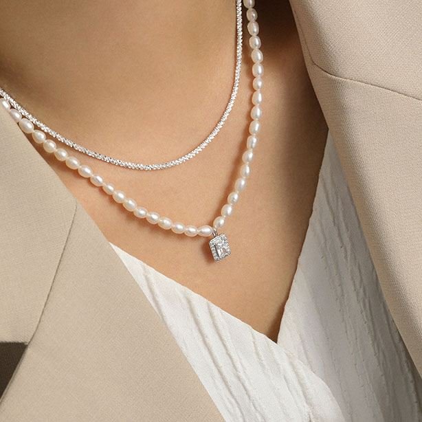 Elegant Natural Pearl Rectangle CZ 925 Sterling Silver Necklace - KIAHMILLA