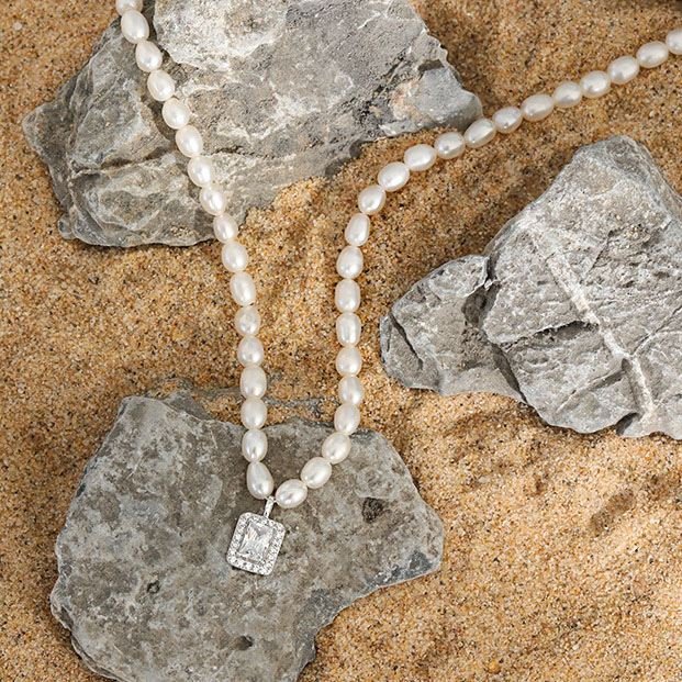 Elegant Natural Pearl Rectangle CZ 925 Sterling Silver Necklace - KIAHMILLA