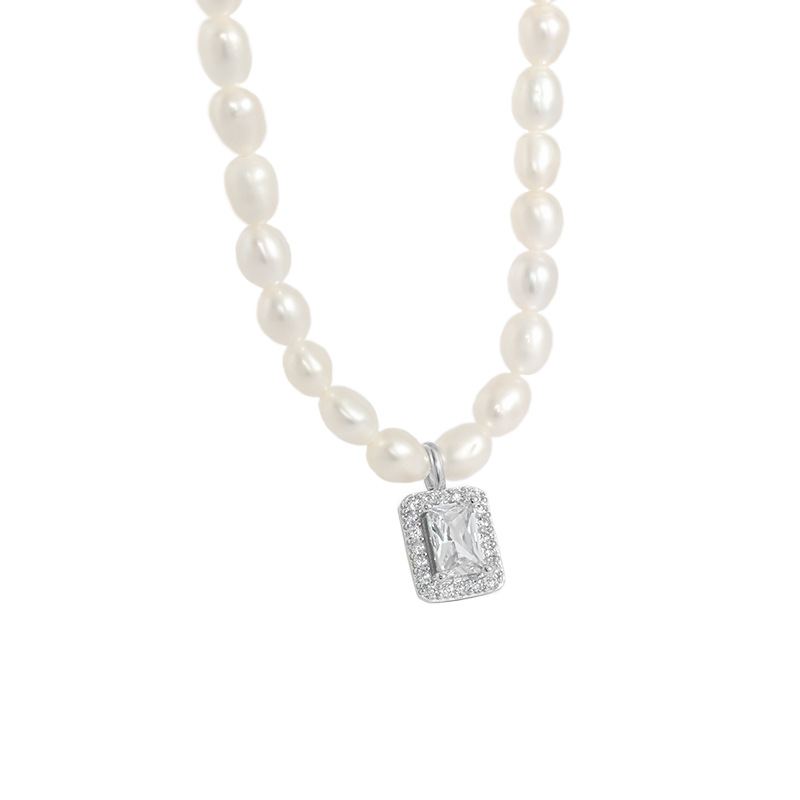Elegant Natural Pearl Rectangle CZ 925 Sterling Silver Necklace - KIAHMILLA