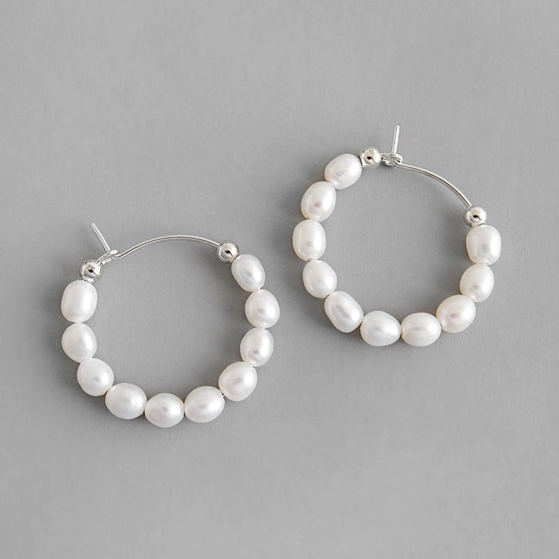 Elegant Natural Pearls Circles 925 Sterling Silver Hoop Earrings - KIAHMILLA