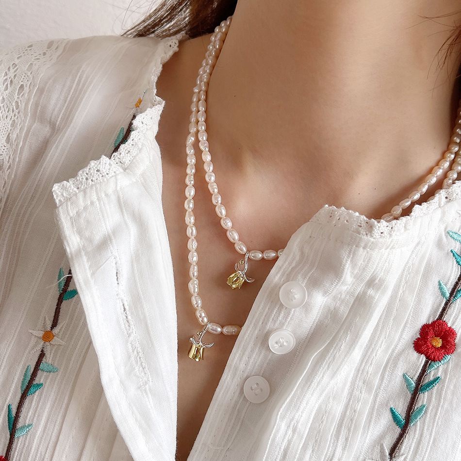 Elegant Natural Pearls Rose FLower 925 Sterling Silver Necklace - KIAHMILLA