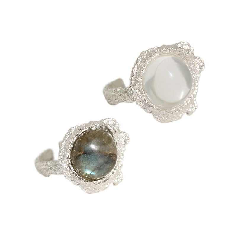 Elegant Round Natural Anemousite/Crystal CZ 925 Sterling Silver Adjustable Ring - KIAHMILLA