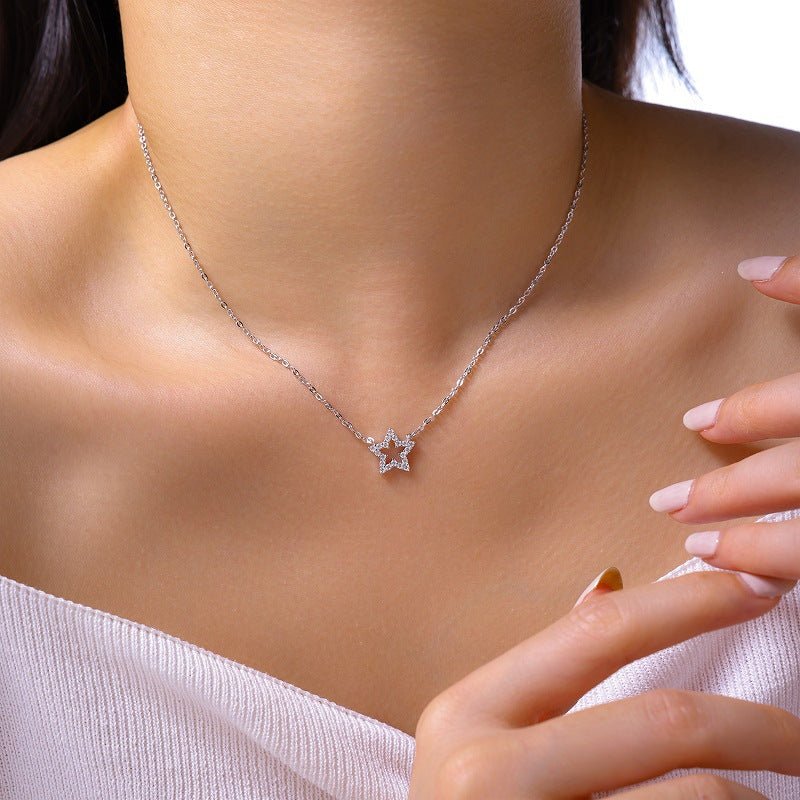 Elegant Star and Crescent Moon Moissanite 925 Sterling Silver Pendant Necklace - KIAHMILLA