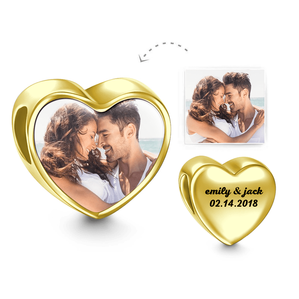 Engraved Heart Photo Charm 14k Gold Plated Silver - Coolpeacock