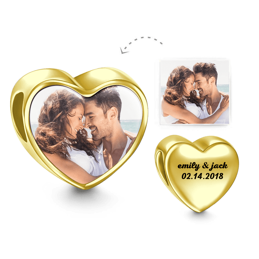 Engraved Heart Photo Charm 14k Gold Plated Silver - Coolpeacock