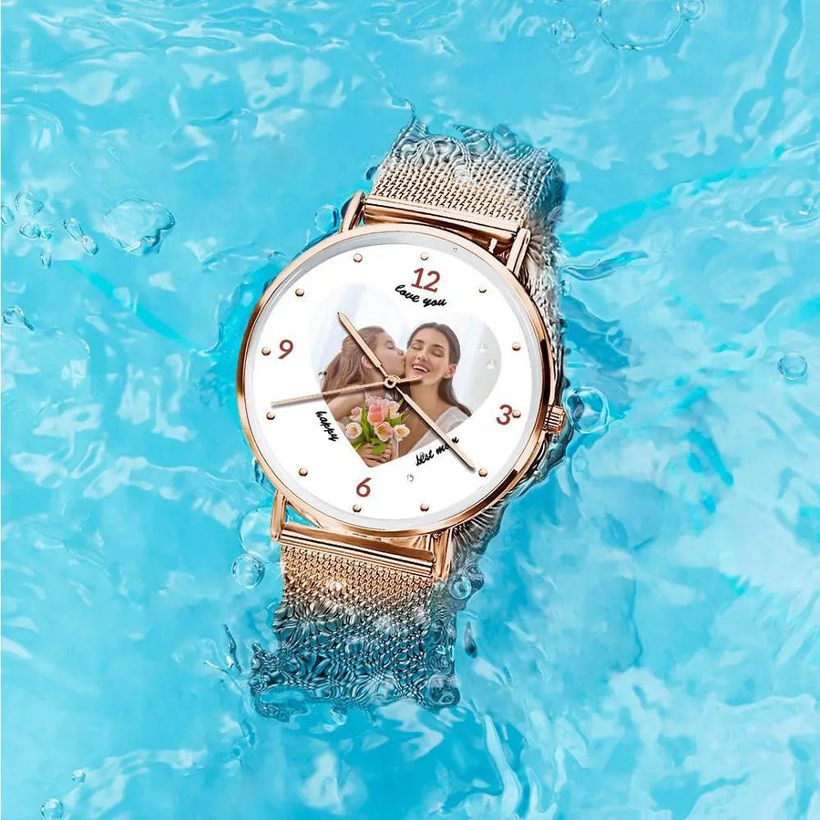 Engraved Rose Gold Alloy Bracelet Photo Watch 36mm Gifts for Mom - Coolpeacock