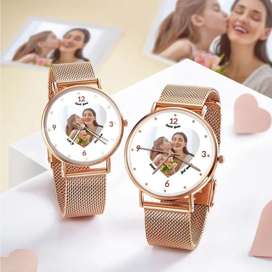 Engraved Rose Gold Alloy Bracelet Photo Watch 36mm Gifts for Mom - Coolpeacock