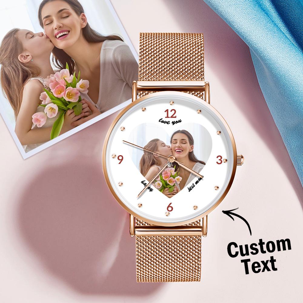 Engraved Rose Gold Alloy Bracelet Photo Watch 36mm Gifts for Mom - Coolpeacock