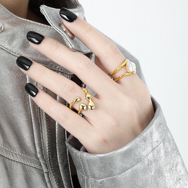 Fashion Double Layers Irregular Natural Baroque Pearl 925 Sterling Silver Adjustable Ring - KIAHMILLA