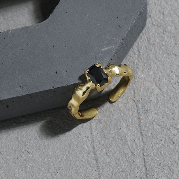 Fashion Irregular Black Geometry CZ 925 Sterling Silver Adjustable Ring - KIAHMILLA